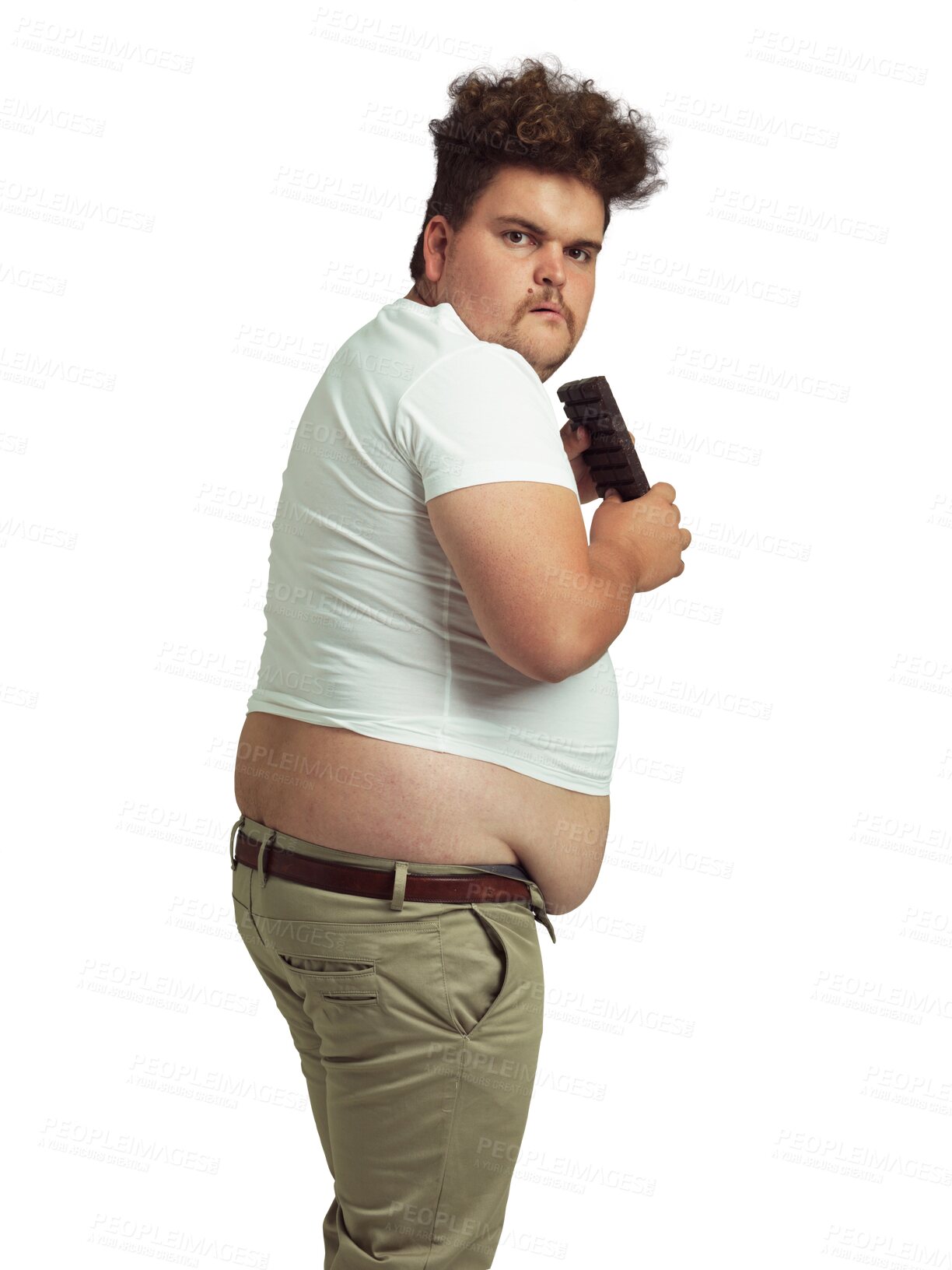 Buy stock photo Plus size, eating chocolate and portrait of a man with food addiction and an unhealthy craving. Funny, hiding and a hungry person enjoying a candy bar isolated on a transparent png background