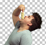 PNG Studio shot of an overweight man shoving a stack of chips down his throat