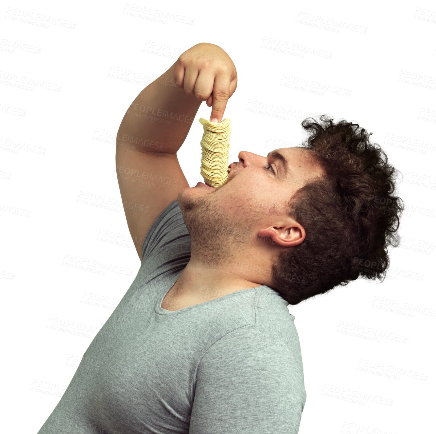 Buy stock photo Plus size, unhealthy and man eating chips for a snack, meal and salty food treat. Takeaway, junk and funny male person enjoying crisps with a poor diet isolated by a transparent png background.