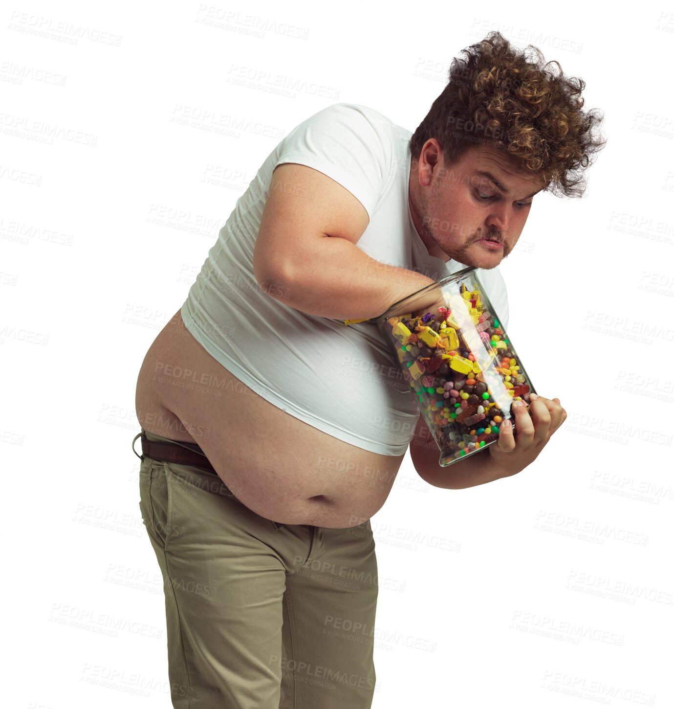 Buy stock photo Sugar, man with a eating with a jar of sweets and isolated against a transparent png background. Food and  cholesterol or funny hungry male person eat candy or chocolate for his unhealthy diet 