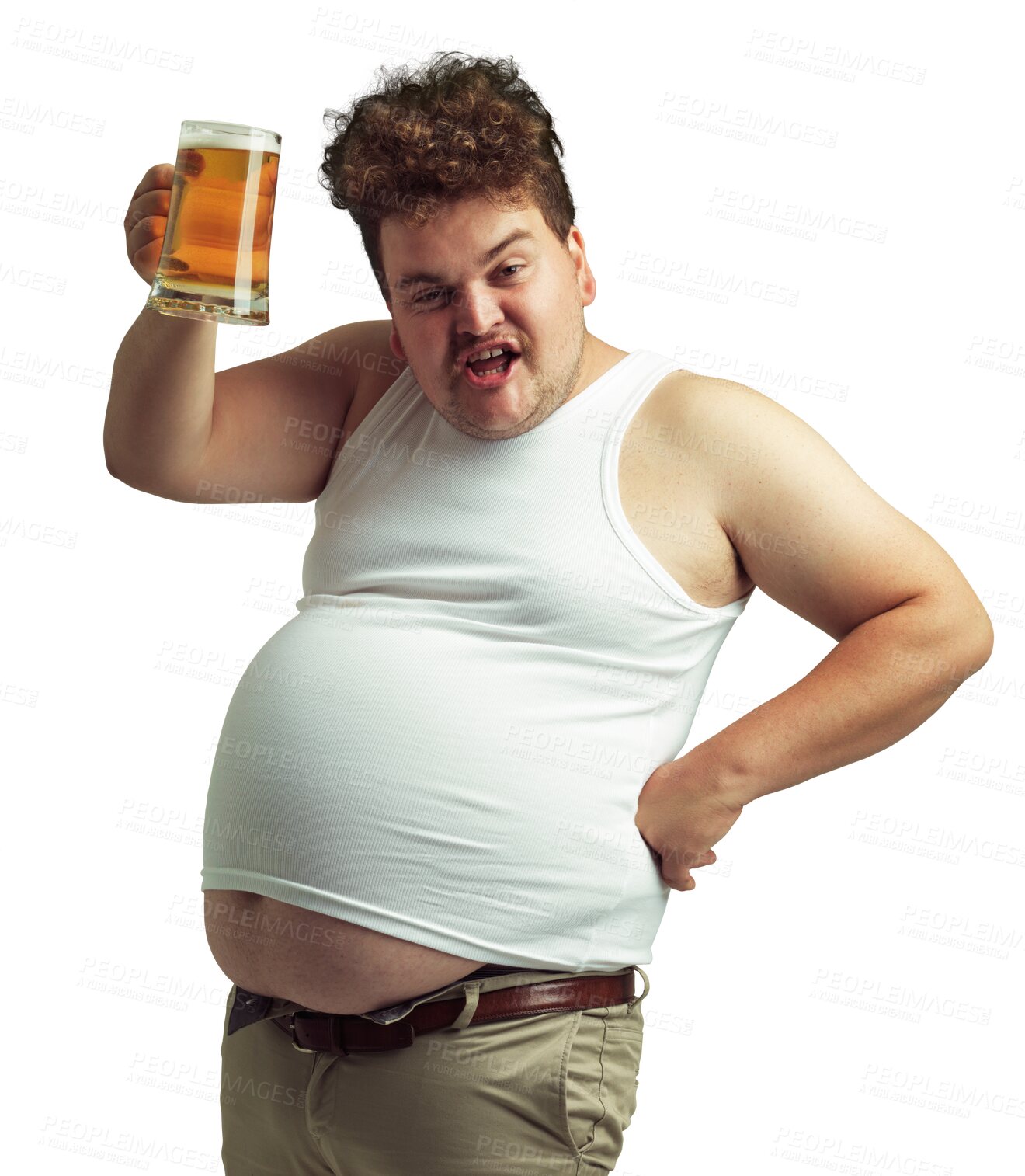 Buy stock photo Plus size man, portrait and beer with alcohol, cheers and funny face isolated on transparent png background. Male person, alcoholic drink and drunk toast, calories and poor nutrition with cholesterol