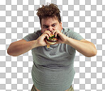 PNG Studio shot of an overweight man biting into a burger