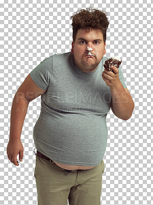 Buy stock photo Cake, hungry and portrait of man eating unhealthy food with health problem isolated on transparent, png background. Angry, crazy and body of plus size person with cream or chocolate dessert