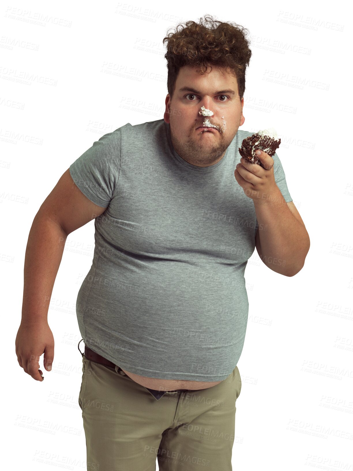 Buy stock photo Cake, hungry and portrait of man eating unhealthy food with health problem isolated on transparent, png background. Angry, crazy and body of plus size person with cream or chocolate dessert