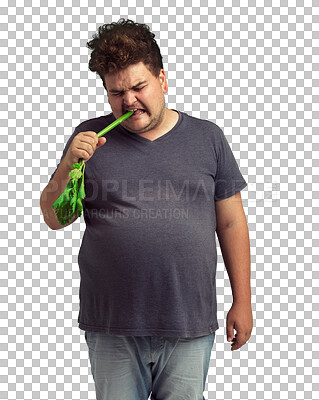 Buy stock photo Plus size man is eating celery, unhappy with healthy food and diet isolated on transparent png background. Health, detox and male person with face of disgust for vegan and green organic vegetables