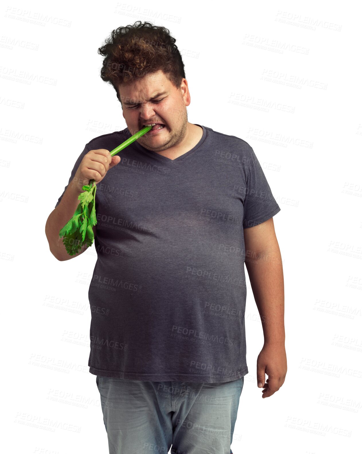 Buy stock photo Plus size man is eating celery, unhappy with healthy food and diet isolated on transparent png background. Health, detox and male person with face of disgust for vegan and green organic vegetables