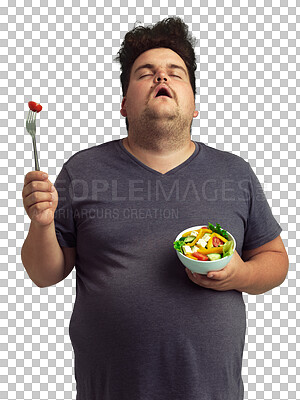 Buy stock photo Unhappy, plus size man with a salad and isolated against transparent png background for a healthy diet. Fruit or healthcare, nutrition meal and male person eating vegetables for health wellness