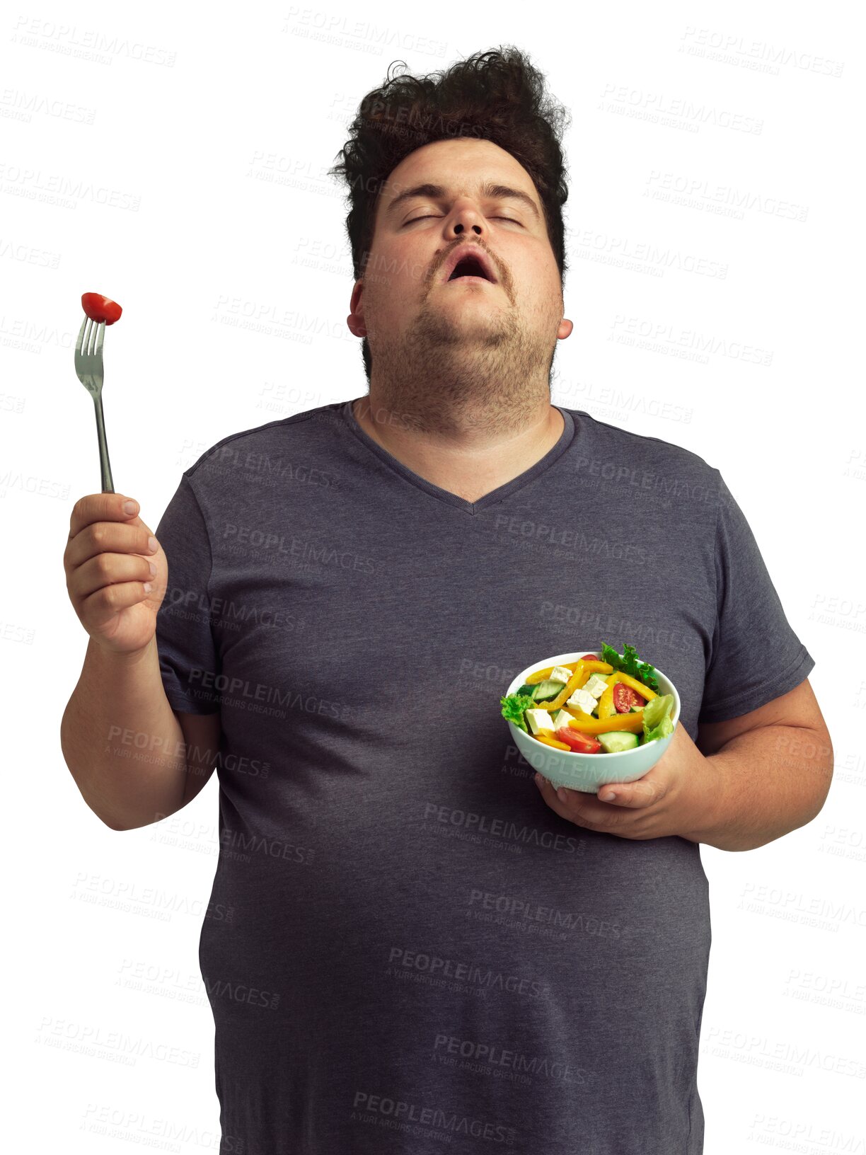 Buy stock photo Unhappy, plus size man with a salad and isolated against transparent png background for a healthy diet. Fruit or healthcare, nutrition meal and male person eating vegetables for health wellness