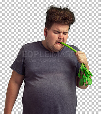 Buy stock photo Plus size man, disgust with celery and healthy food, diet and nutrition isolated on transparent png background. Health, detox and male person with gross face, vegan and eating green vegetables