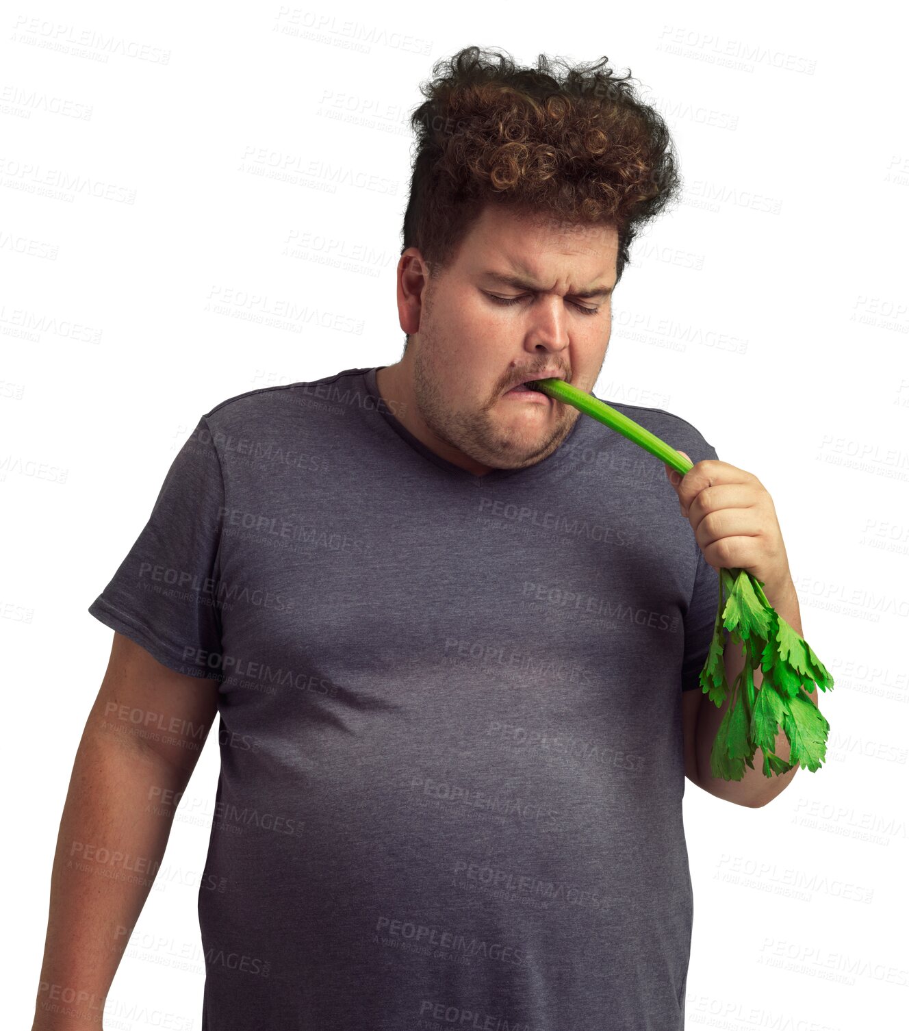 Buy stock photo Plus size man, disgust with celery and healthy food, diet and nutrition isolated on transparent png background. Health, detox and male person with gross face, vegan and eating green vegetables