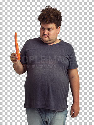 Buy stock photo Carrot, diet and plus size man thinking of healthy food, lose weight journey and decision isolated on transparent png background. Choice, vegan and body of sad young person with vegetable in hand