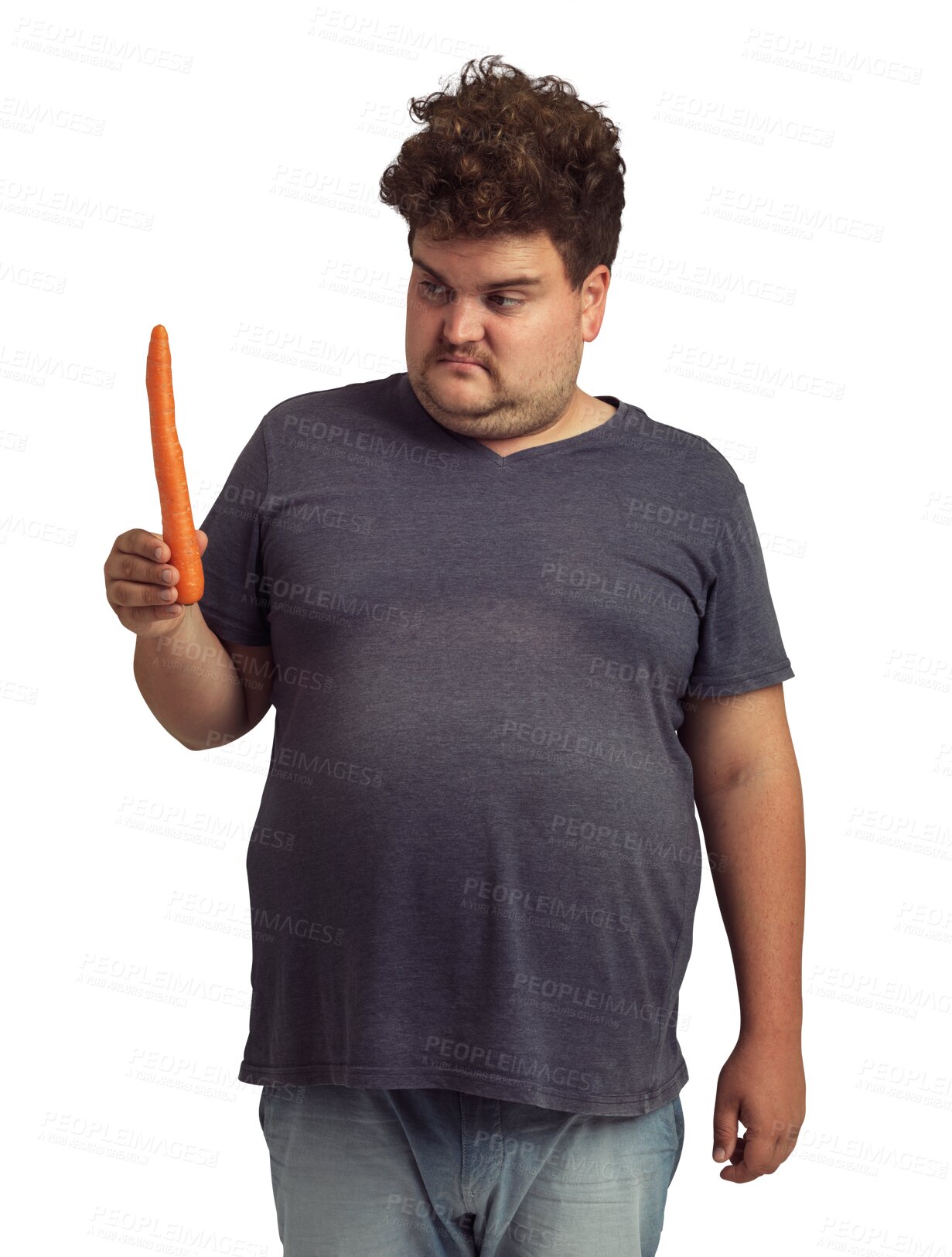 Buy stock photo Carrot, diet and plus size man thinking of healthy food, lose weight journey and decision isolated on transparent png background. Choice, vegan and body of sad young person with vegetable in hand