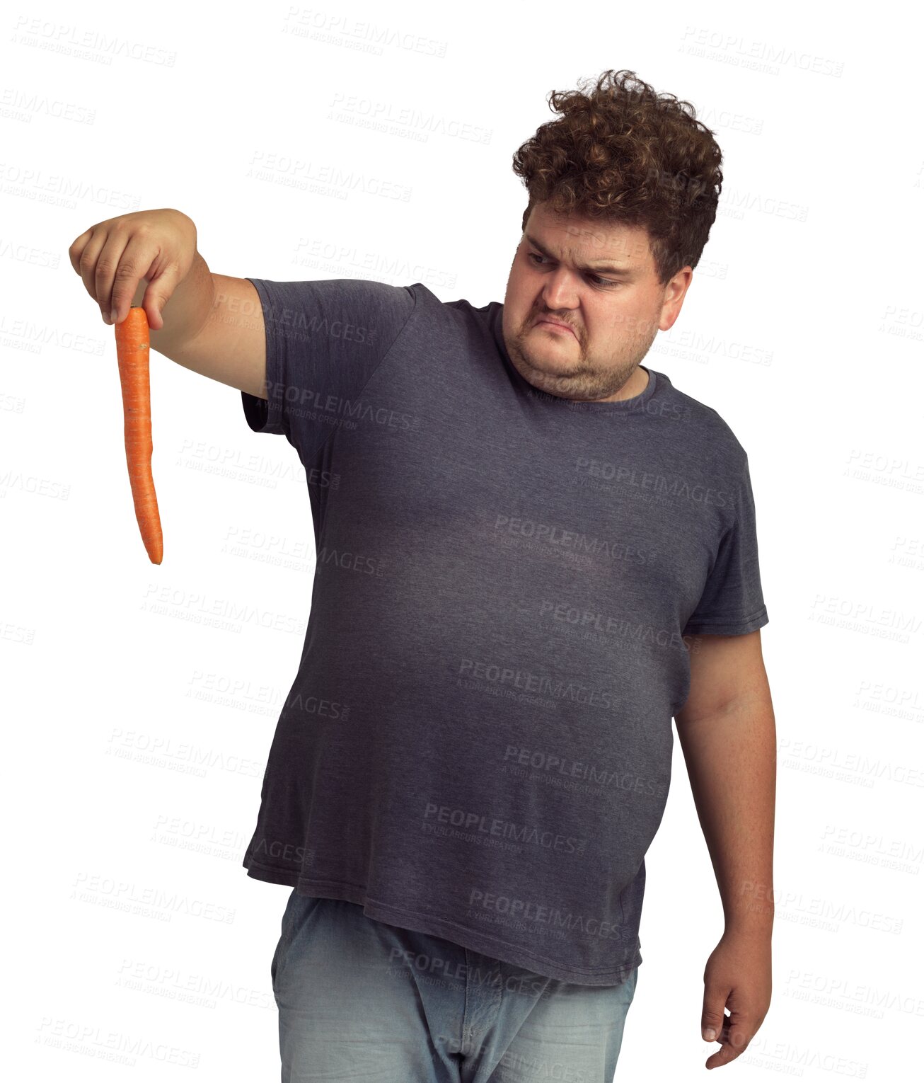 Buy stock photo Doubt, plus size and man with a carrot, diet and guy isolated against a transparent background. Male person, unhappy or gentleman with a vegetable, healthy or nutrition with png with choice or upset