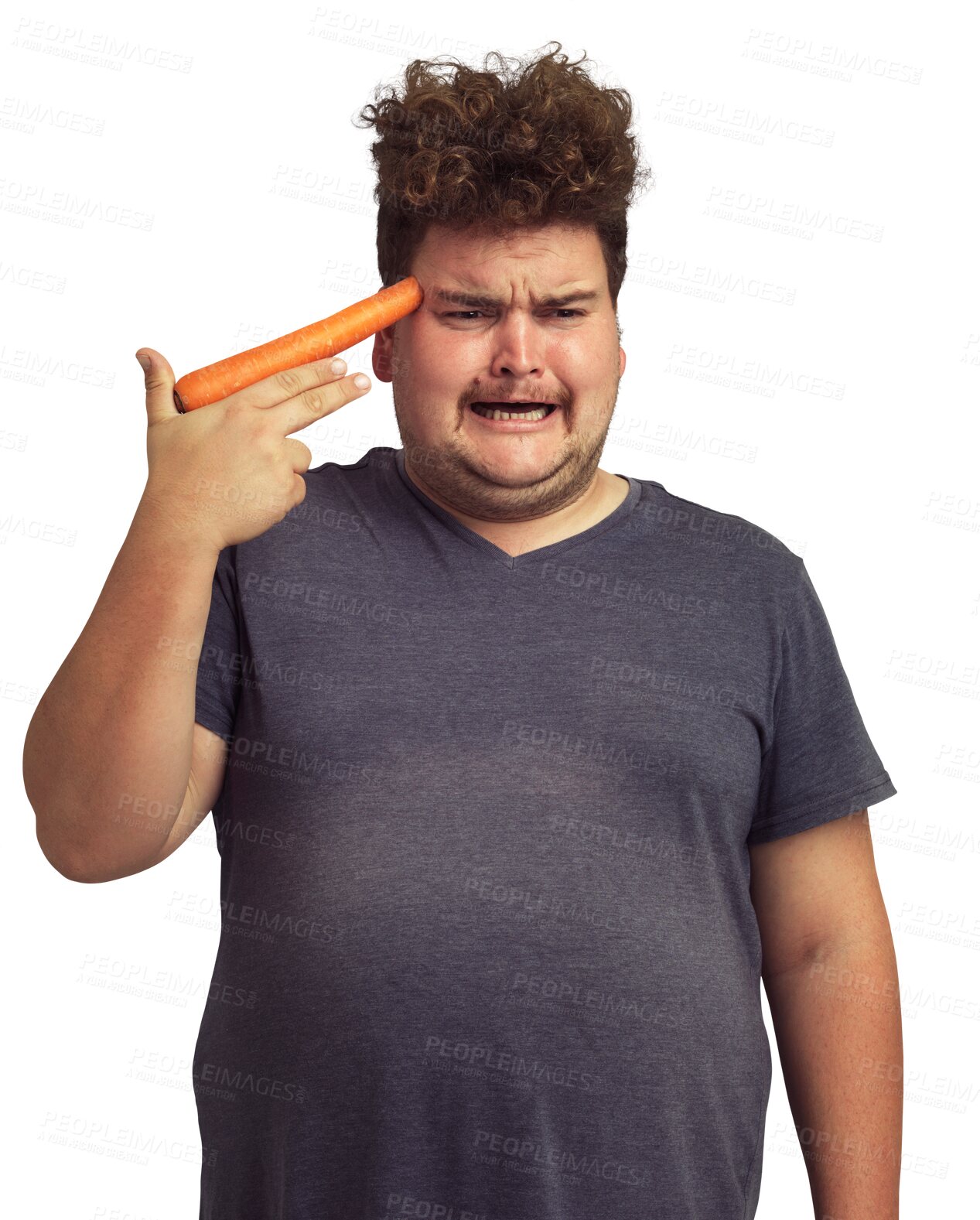 Buy stock photo Plus size, carrot gun and man isolated on a transparent png background. Vegetables, carrots and sad person with fear for healthy diet, nutrition and vitamins, plants and food, health and wellness.