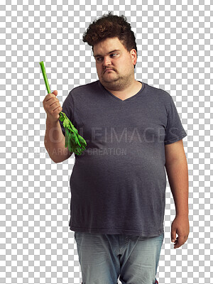 Buy stock photo Thinking, celery and man with healthy food for diet, detox or wellness choice isolated on transparent png background. Angry, frustrated and plus size person with depression, green vegetable and body