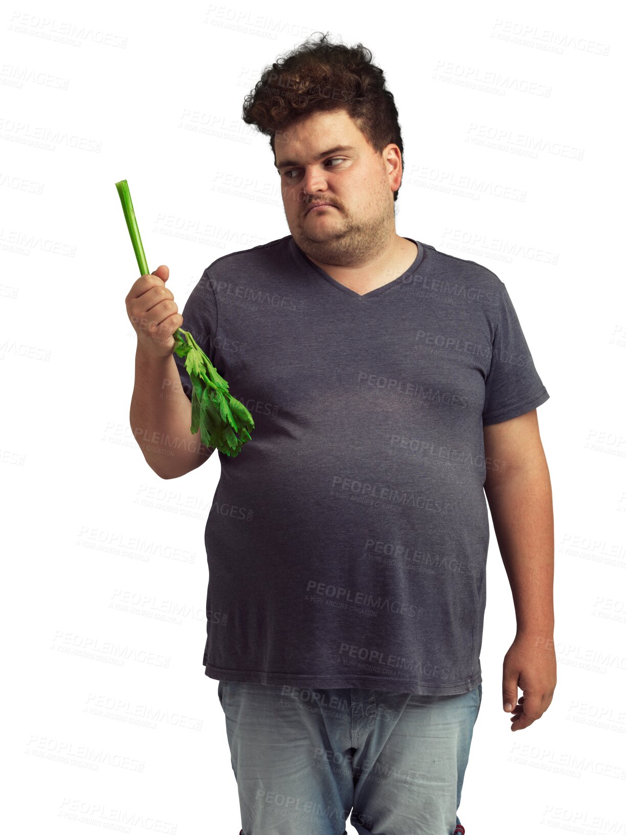 Buy stock photo Thinking, celery and man with healthy food for diet, detox or wellness choice isolated on transparent png background. Angry, frustrated and plus size person with depression, green vegetable and body