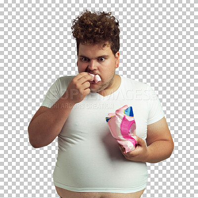 Buy stock photo Plus size man eating marshmallows, candy and unhealthy lifestyle isolated on transparent png background. Food disorder, binge eat sweets and sugar with male person overeating and poor nutrition 