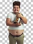 PNG of an overweight man smiling happily while holding a jar of candy