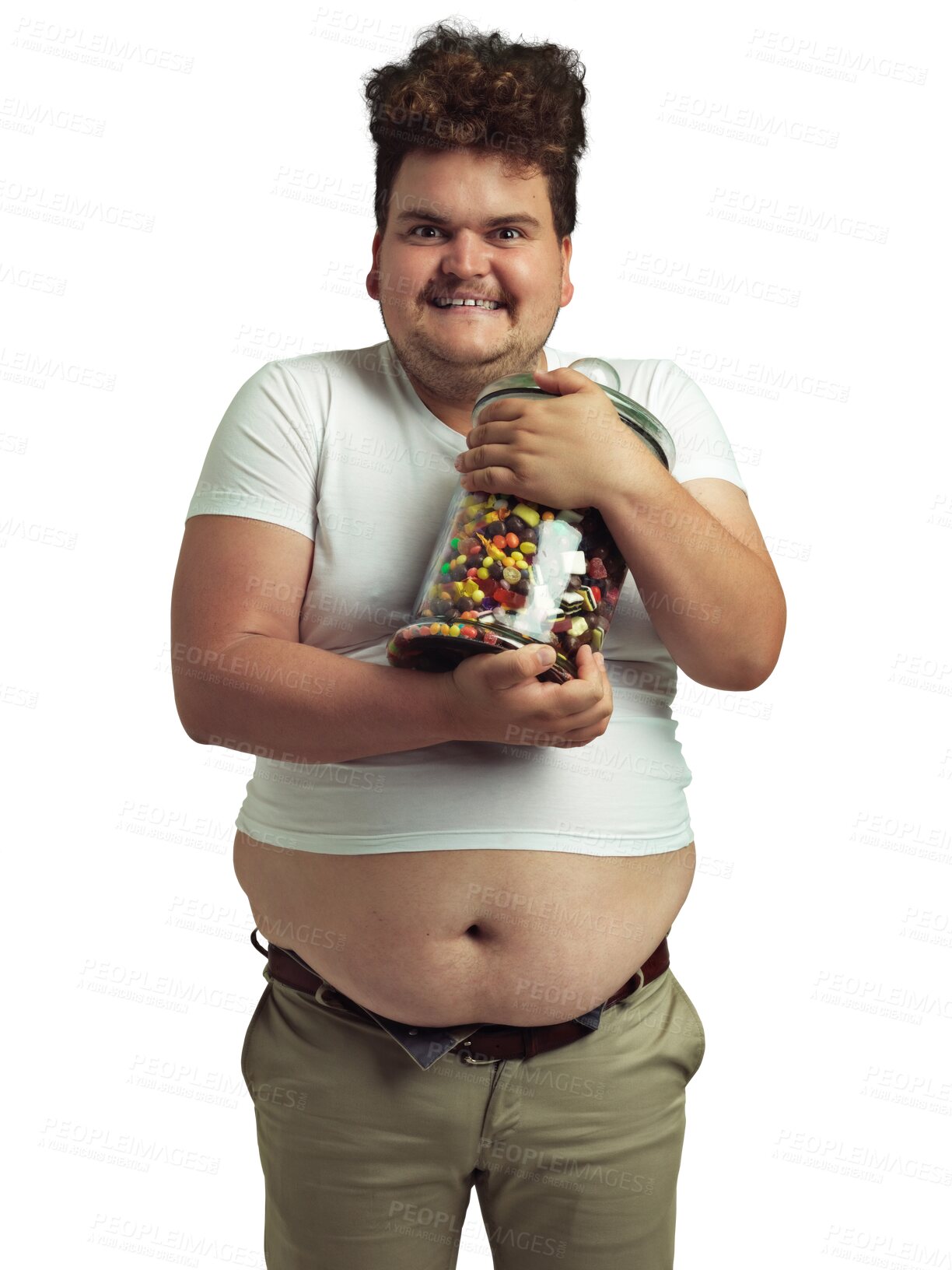 Buy stock photo Portrait, man and jar of candy isolated on a transparent png background. Sweets, greedy and funny person eating, fast food and plus size for unhealthy cholesterol, bad nutrition and sugar diet.