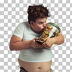 PNG  of an overweight man kissing a jar of candy