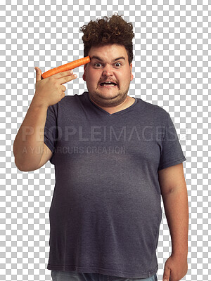 Buy stock photo Carrot gun, plus size and man in portrait isolated on a transparent png background. Vegetables, weapon and angry person upset for diet, nutrition and vitamins, food and health, wellness and funny.