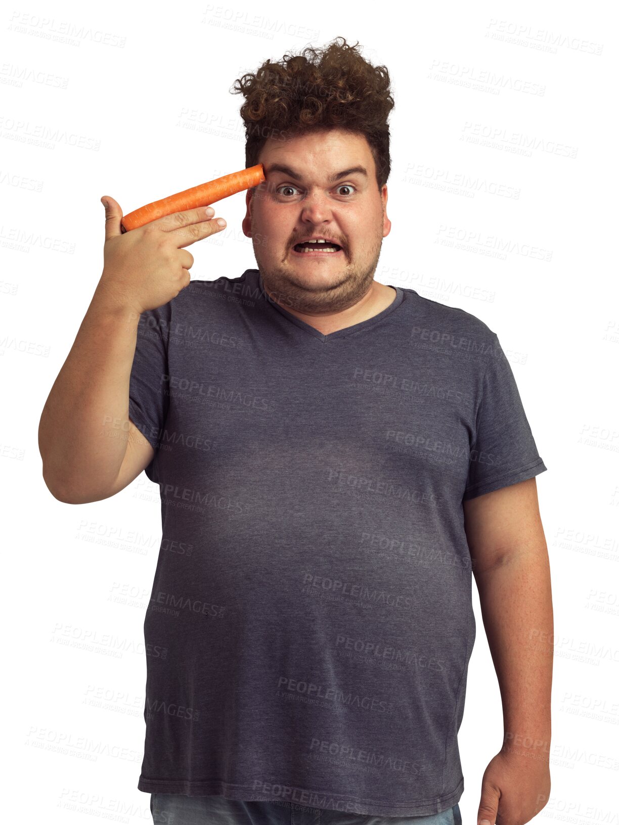 Buy stock photo Carrot gun, plus size and man in portrait isolated on a transparent png background. Vegetables, weapon and angry person upset for diet, nutrition and vitamins, food and health, wellness and funny.