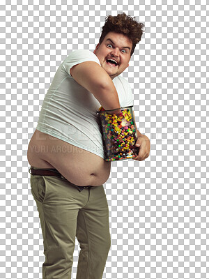 Buy stock photo Sugar, portrait of a man with candy jar eating and isolated against a transparent png background. Unhealthy diet or sweet tooth, crazy funny or stress and male person eat candy or sweets for greed