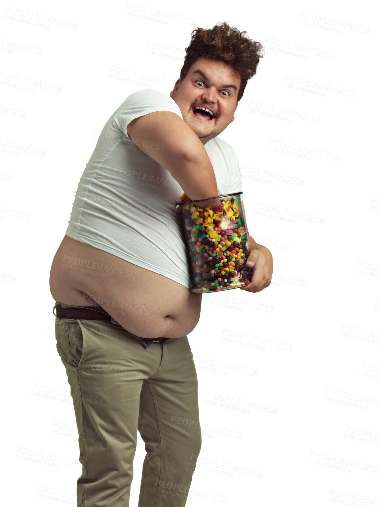 Buy stock photo Sugar, portrait of a man with candy jar eating and isolated against a transparent png background. Unhealthy diet or sweet tooth, crazy funny or stress and male person eat candy or sweets for greed