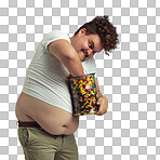 PNG  of an overweight man digging into a pot of candy