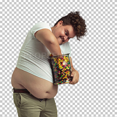 Buy stock photo Man, jar and unhealthy sweets or candy isolated on a transparent, png background. Funny plus size person with hand in glass container for greed and sugar for calories, bad health and diet problem