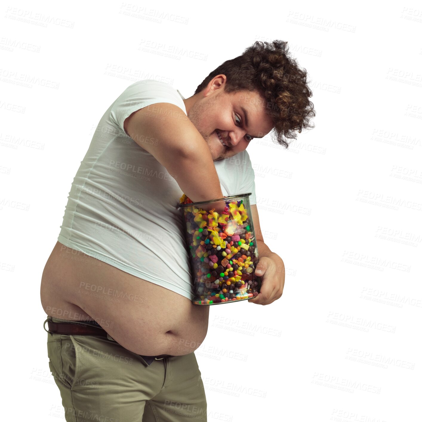 Buy stock photo Man, jar and unhealthy sweets or candy isolated on a transparent, png background. Funny plus size person with hand in glass container for greed and sugar for calories, bad health and diet problem