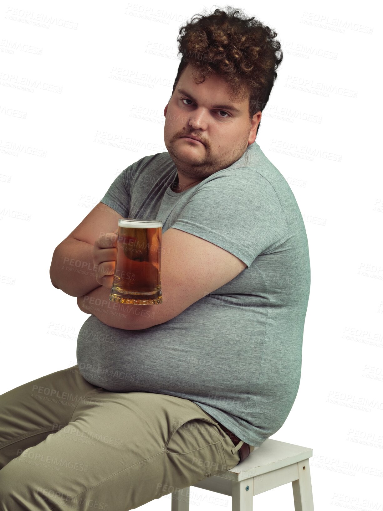 Buy stock photo Plus size, beer and unhealthy man drinking isolated on a transparent, png background. Portrait of a sad male model person on chair with alcohol glass for bad health, weight loss or diet problem