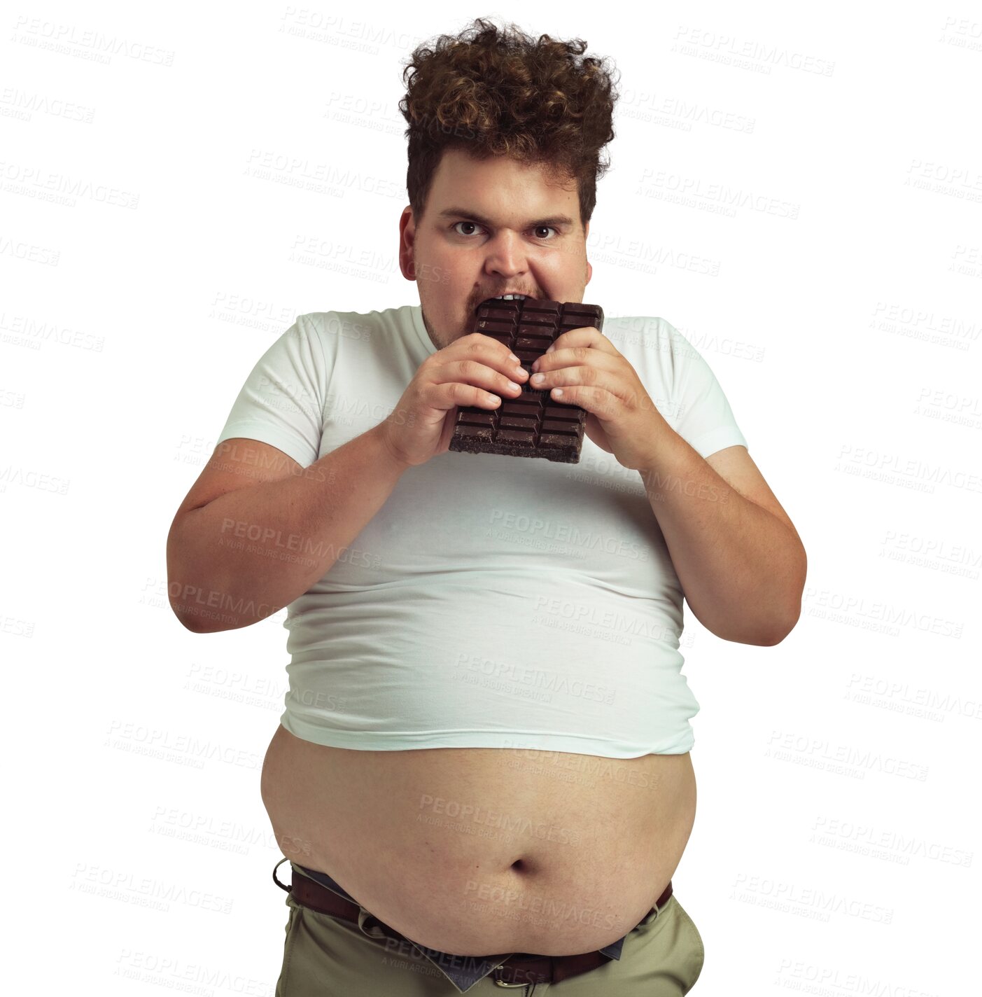 Buy stock photo Plus size, portrait of a man eating a chocolate and isolated against a transparent png background. Mental health or stress, addiction or hungry and male person eat candy bar for greedy unhealthy diet