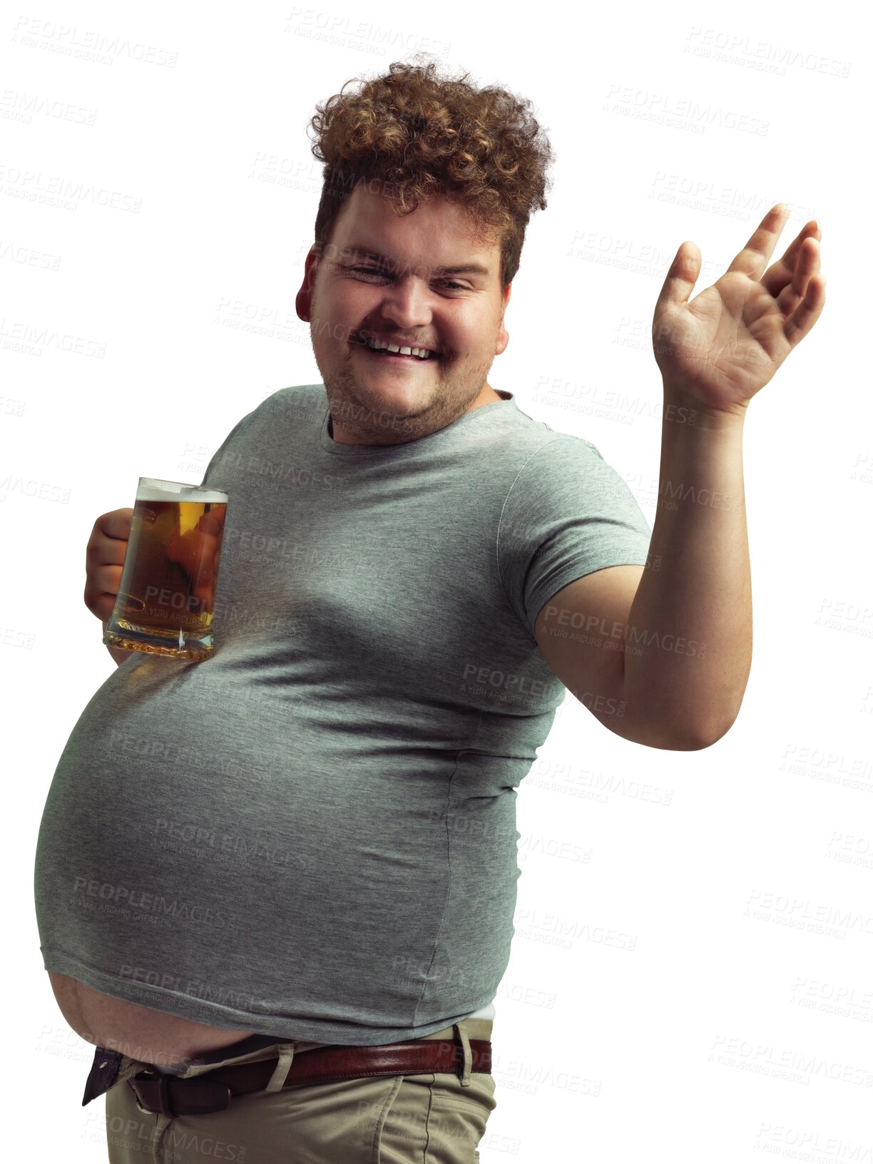 Buy stock photo Unhealthy, beer and man wave hello isolated on a transparent, png background. Portrait of a happy plus size model person with alcohol glass or drink and calories for bad health or diet problem