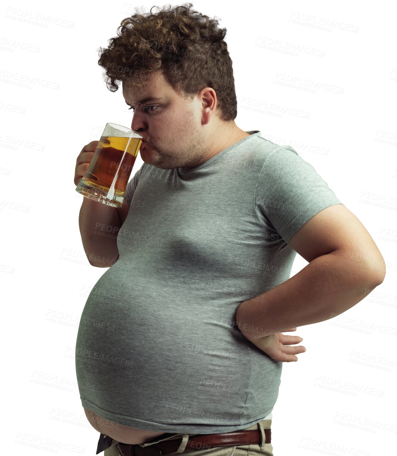 Buy stock photo Plus size man, drinking beer and alcohol drink, thirsty and unhealthy with glass mug isolated on transparent png background. Male person with alcoholic beverage with calories and poor nutrition