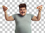 PNG Studio shot of a happy overweight man holding 2 hotdogs in the air 