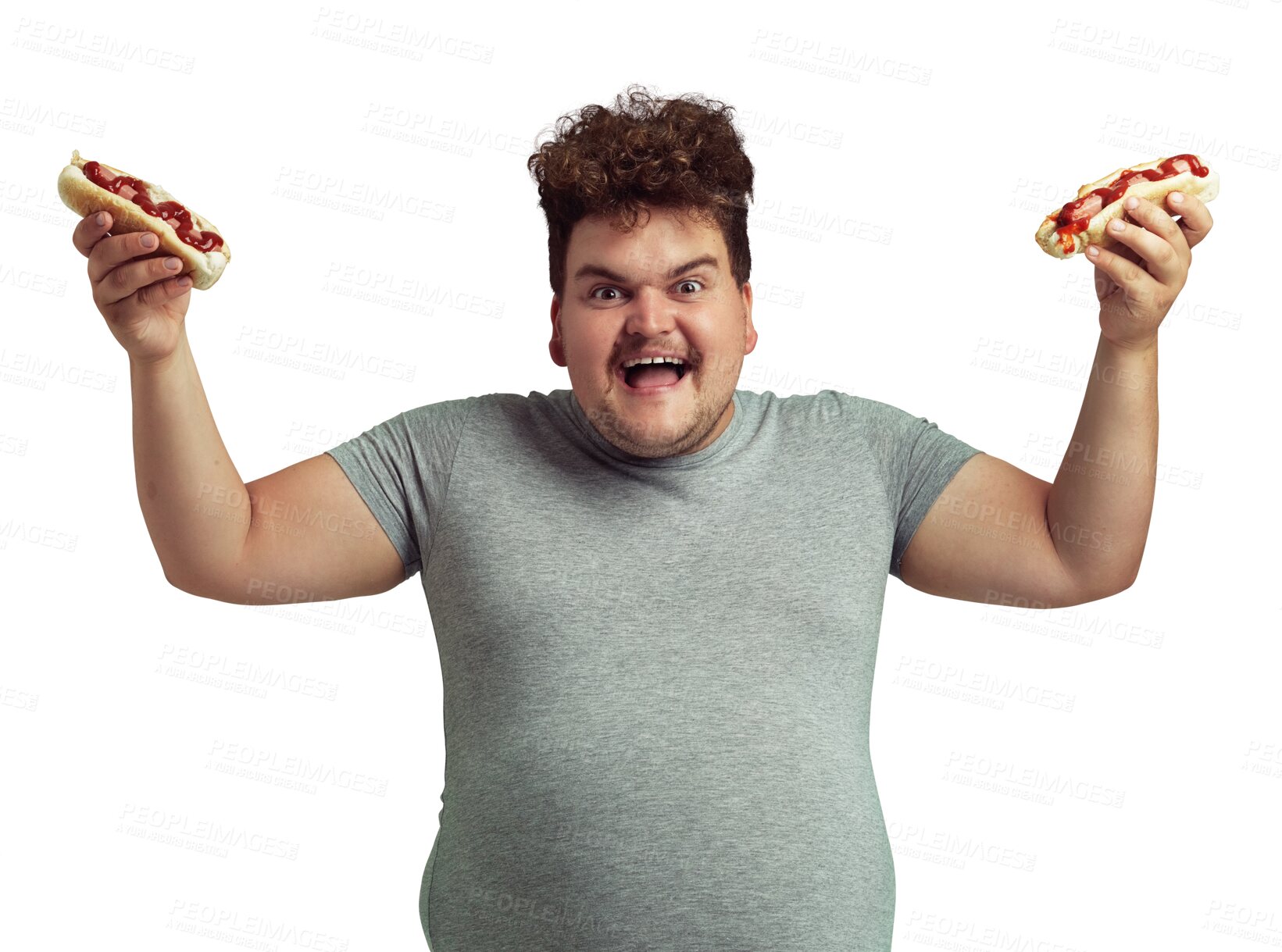 Buy stock photo Plus size, hotdog and portrait of man isolated on a transparent png background. Fast food, sausage and excited person with unhealthy lifestyle, bad nutrition and hungry for poor diet or holding lunch