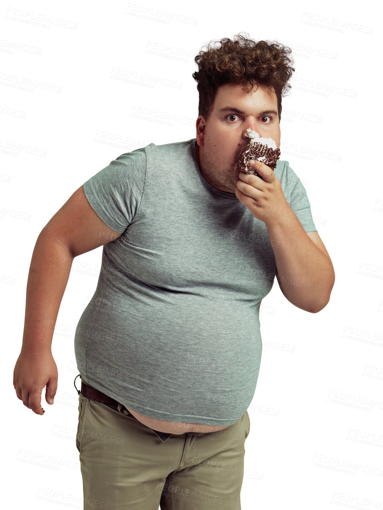 Buy stock photo Man, cake and eating unhealthy portrait isolated on a transparent, png background. Funny plus size person with chocolate cupcake, sugar or dessert for greed and calories, bad health or diet problem