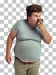 PNG of an overweight man messily eating a slice of cake