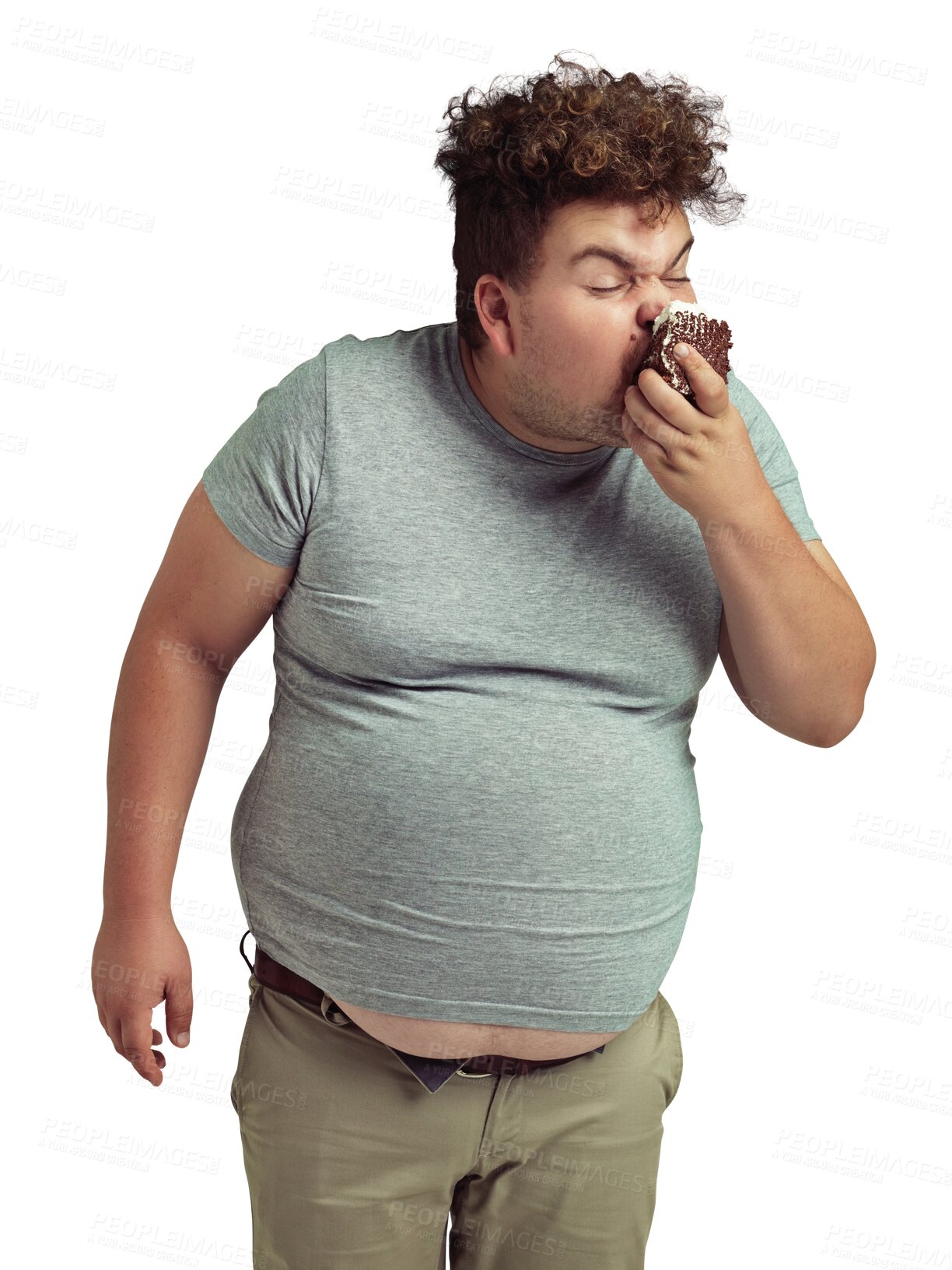 Buy stock photo Plus size, man and eating cake, food or takeaway dessert for binge disorder on isolated, transparent or PNG background. Model, face and person eat with unhealthy sweets, nutrition or junk diet