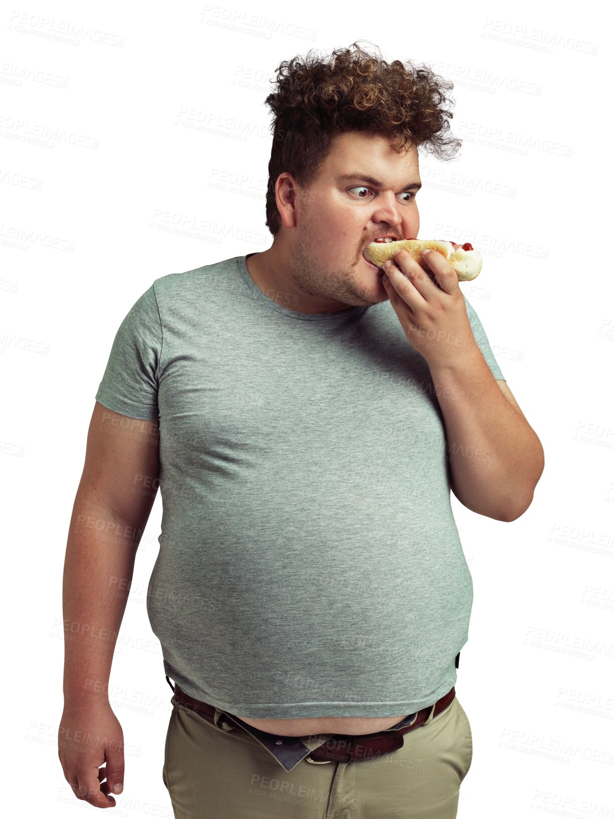 Buy stock photo Man, plus size and eating a hot dog, fast food for binge disorder on isolated, transparent or PNG background. Cholesterol, funny and person eat with unhealthy nutrition, diet and junk meal for lunch