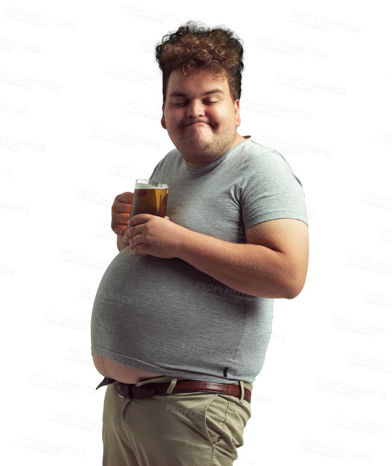 Buy stock photo Plus size man, unhealthy drinking and beer isolated on transparent, png background. Funny face model person drink from alcohol glass for greed, addiction and calories with bad health or diet problem
