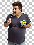 PNG  Studio shot of an overweight man holding a bowl of salad