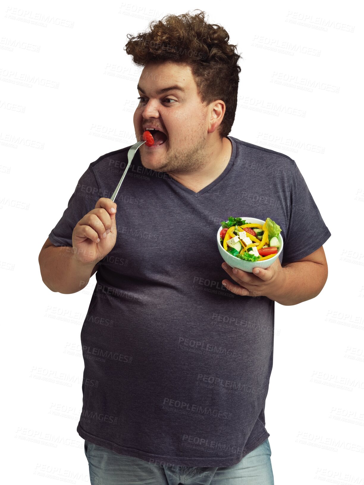 Buy stock photo Isolated man, eating or bite salad for health, wellness or think of diet by transparent png background. Plus size guy, student or nutrition for choice, ideas or lose weight for meal, brunch and food