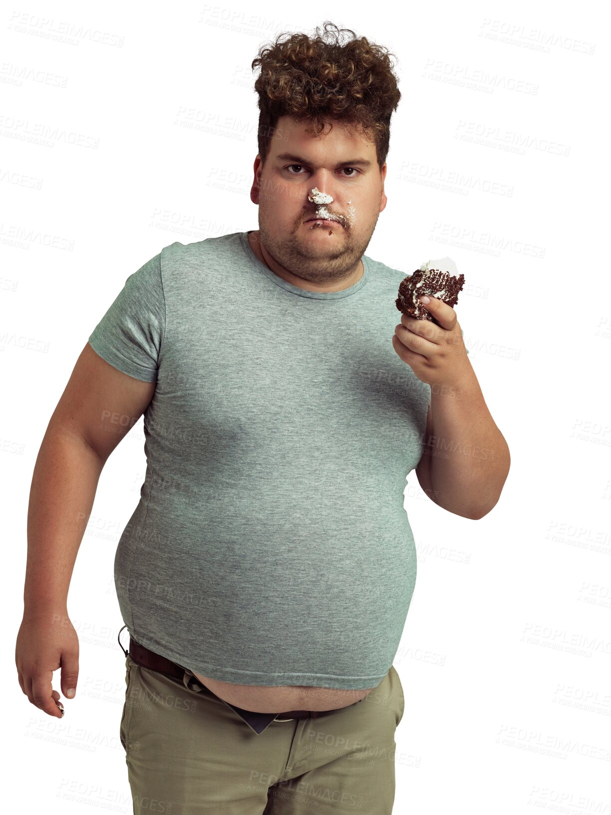 Buy stock photo Man, cupcake and unhealthy eating portrait isolated on a transparent, png background. Portrait of a funny plus size model person with chocolate cake dessert for bad health, guilt food or diet problem