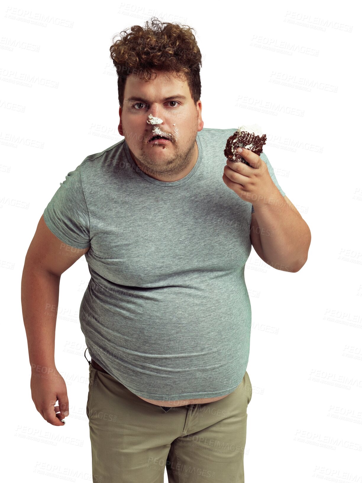 Buy stock photo Cupcake, unhealthy eating and portrait of a man isolated on transparent png background. Serious, greedy and plus size person with cake, food and bad nutrition or sugar problem and poor diet or health