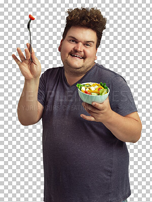 Buy stock photo Happy, salad and portrait of man eating healthy food for diet or detox isolated on transparent png background. Plus size funny, excited person with fruits, vegetables and tomato in lose weight goal