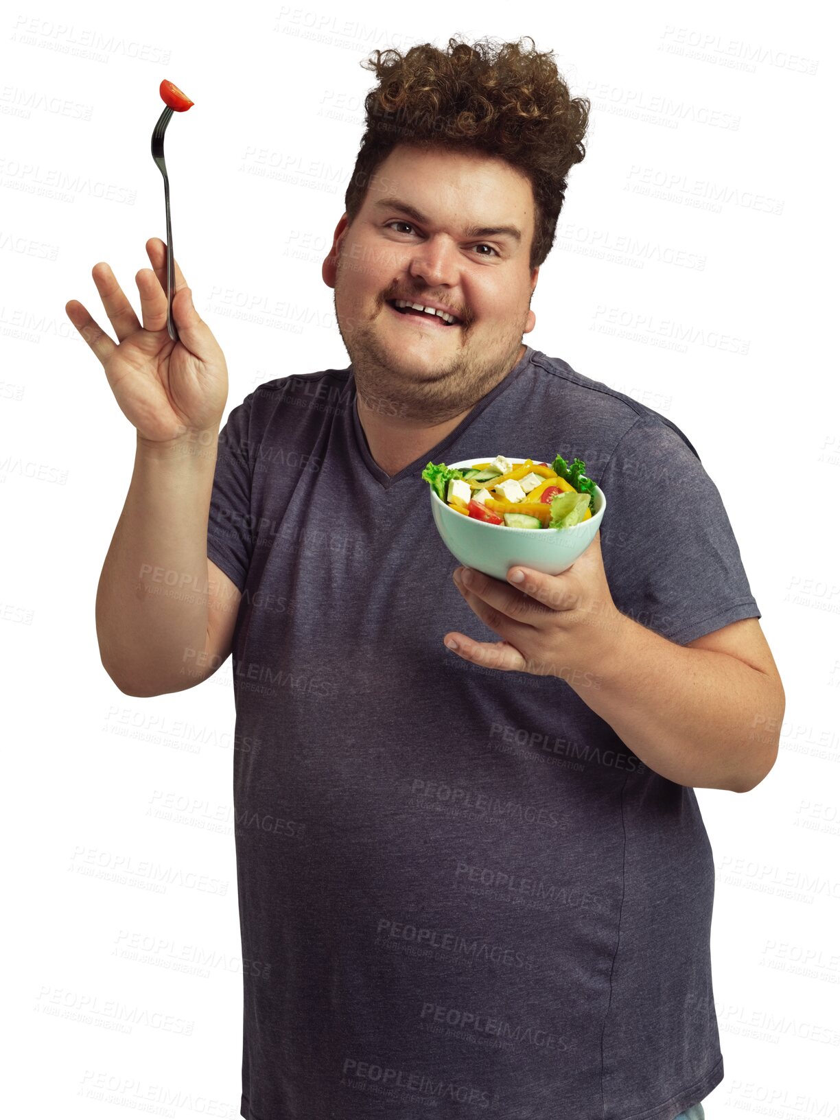 Buy stock photo Happy, salad and portrait of man eating healthy food for diet or detox isolated on transparent png background. Plus size funny, excited person with fruits, vegetables and tomato in lose weight goal