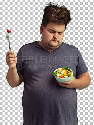 Buy stock photo Salad, sad and plus size man with healthy food, diet or detox  depression isolated on transparent png background. Model or angry person with fruits, vegetables and choice or decision for lose weight