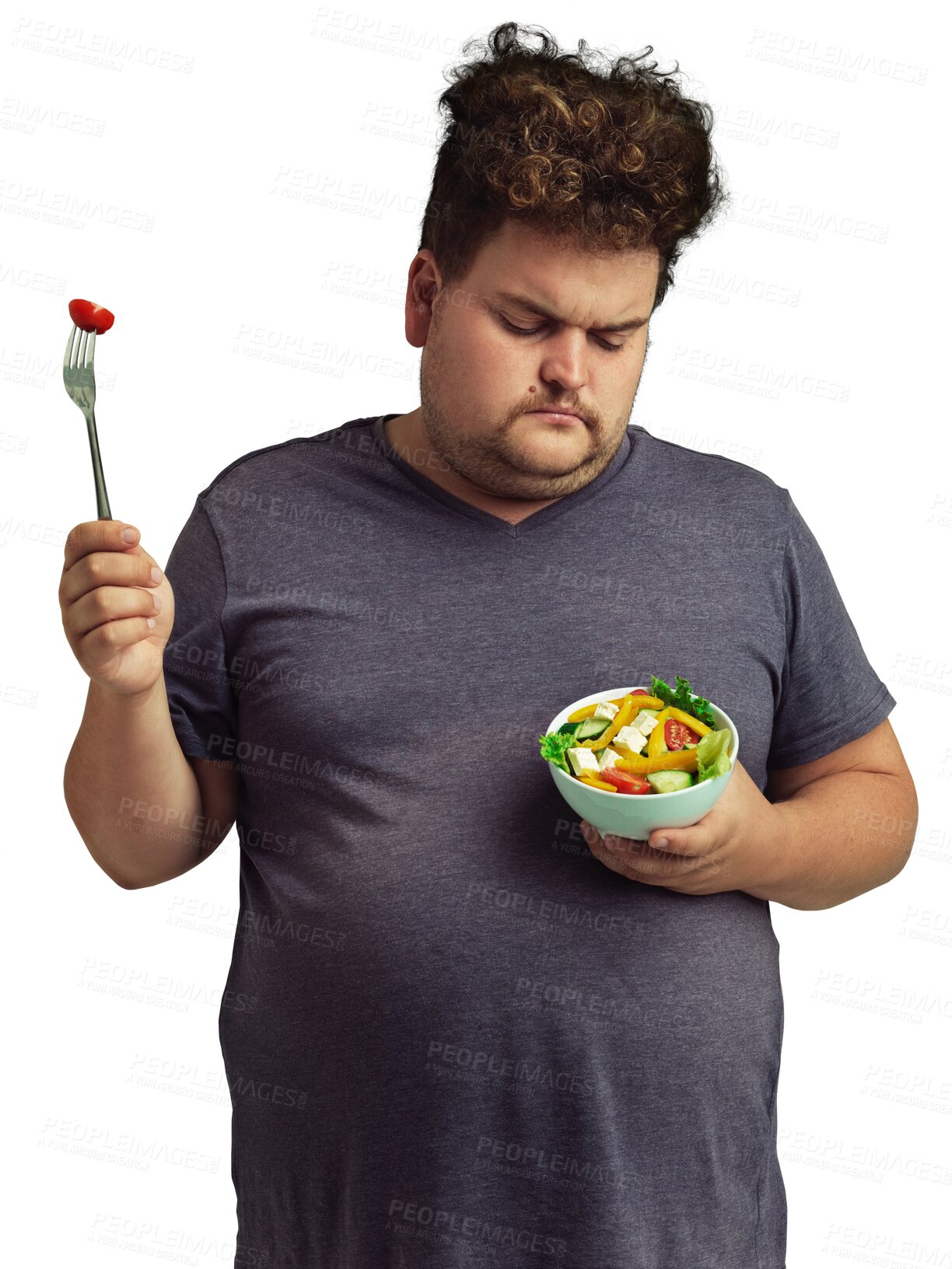 Buy stock photo Salad, sad and plus size man with healthy food, diet or detox  depression isolated on transparent png background. Model or angry person with fruits, vegetables and choice or decision for lose weight